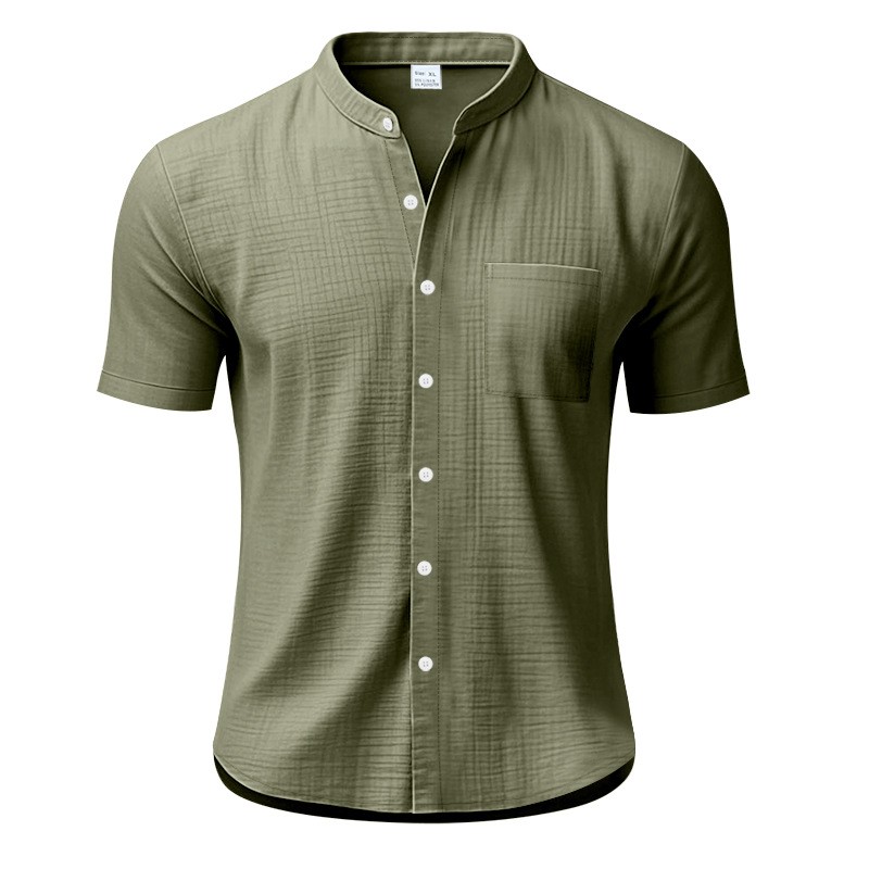 Summer Solid Stand Collar Pocket Loose Casual Shirt Tee
