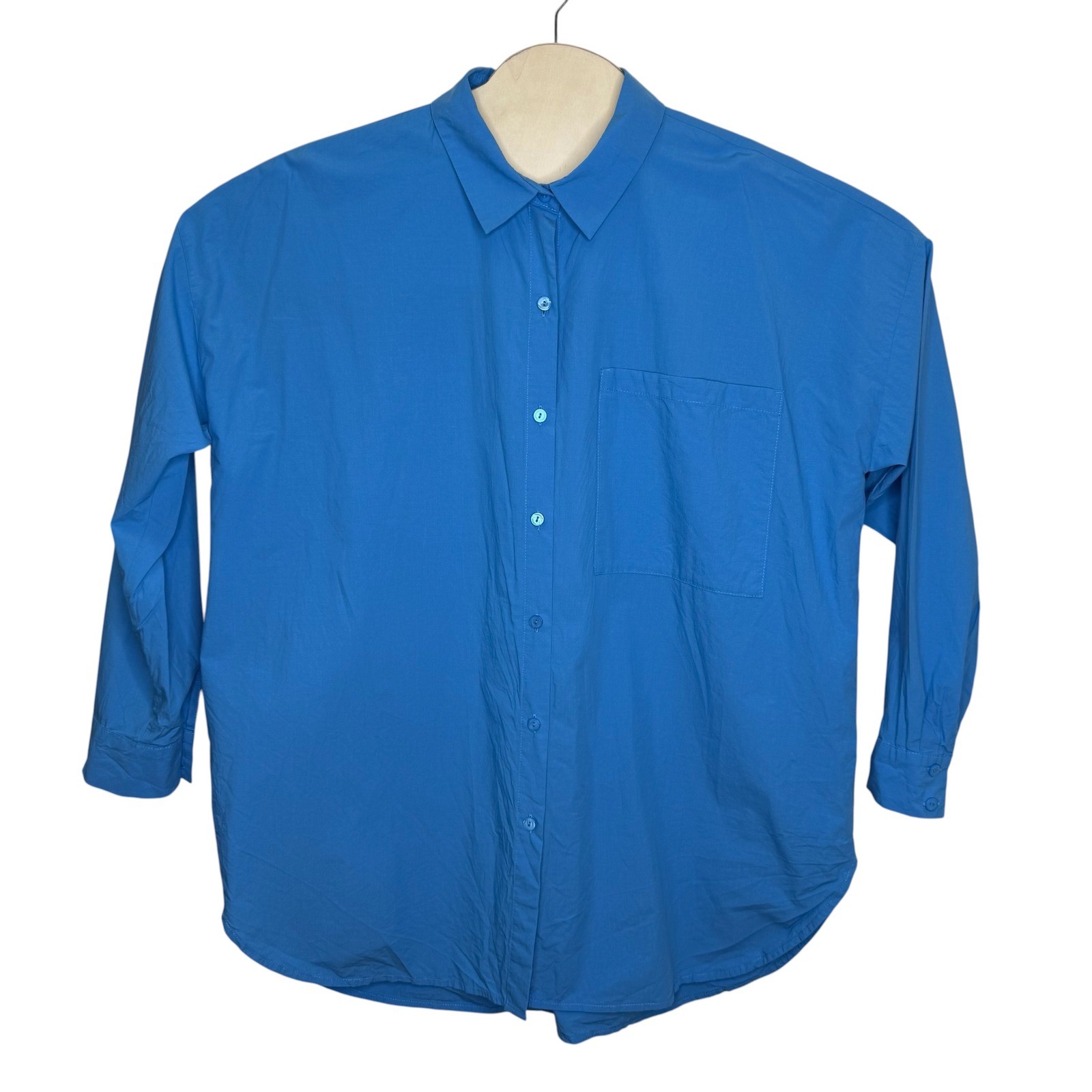 Eileen Fisher Womens Blue Organic Cotton Button Down Shirt Medium Quiet Luxury