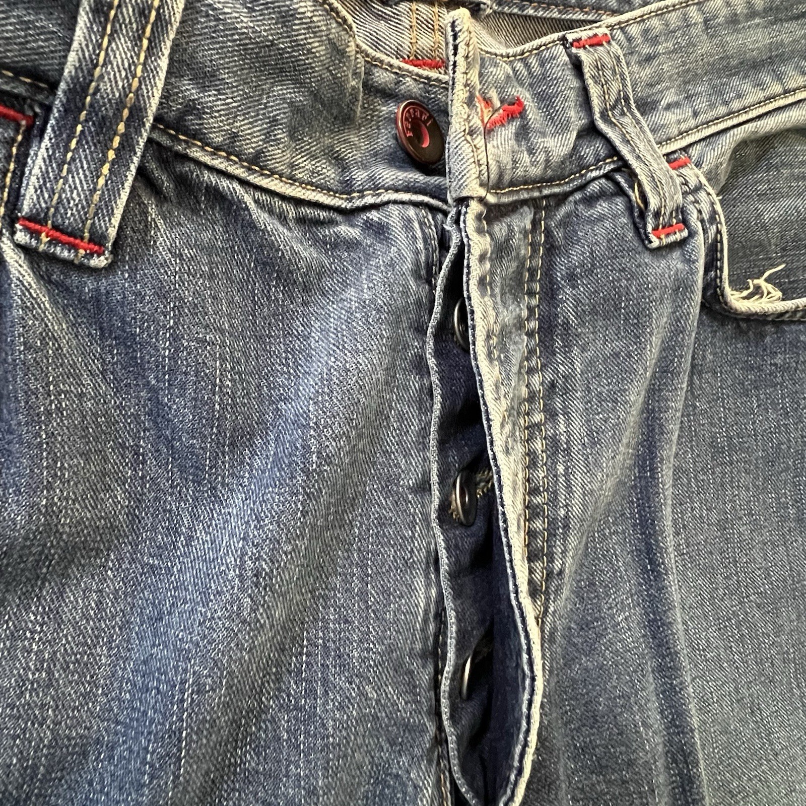 VTG Ferrari Button Fly Blue Denim Jeans Leather Logo Italian Men’s 33×30.5 IT 50