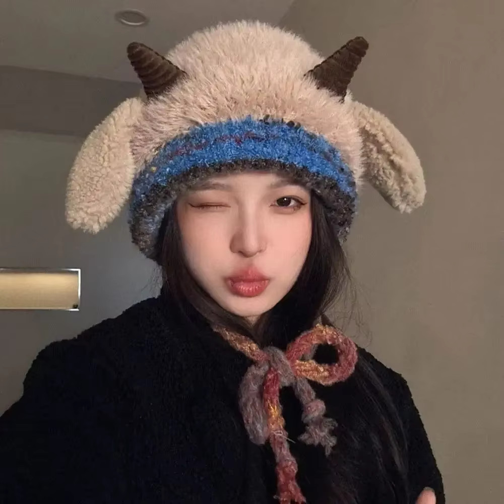 Cute Thick Plush Knitted Hat Girls Winter Warm Ear Protection Beanies Hat Women