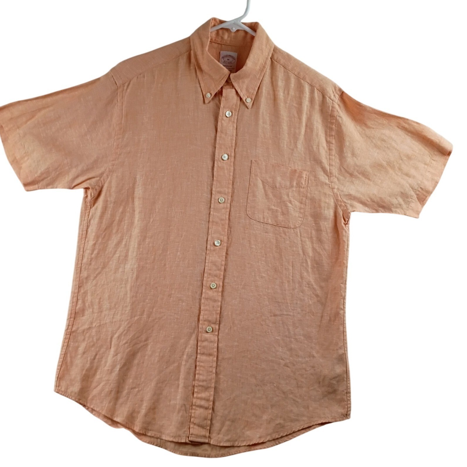 Brooks Brothers Madison Short Sleeve Shirt Mens Medium Peach Linen Button Down