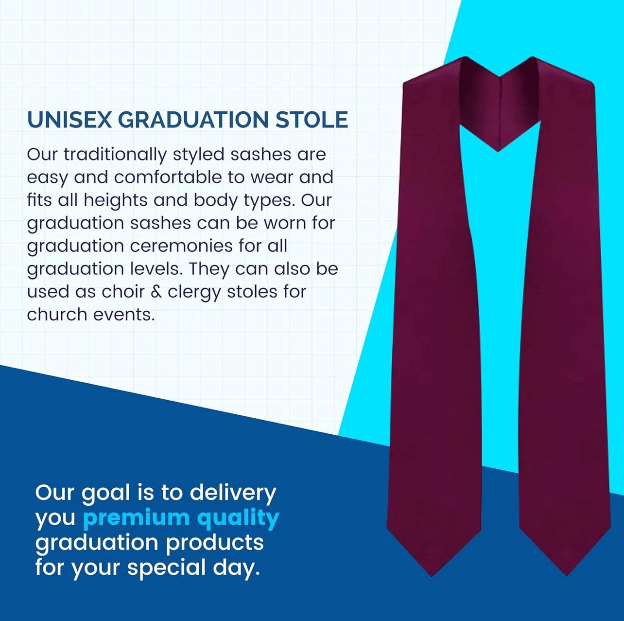 Clerkmans Unisex Adult 62” Long Plain Graduation Stole Sash Maroon