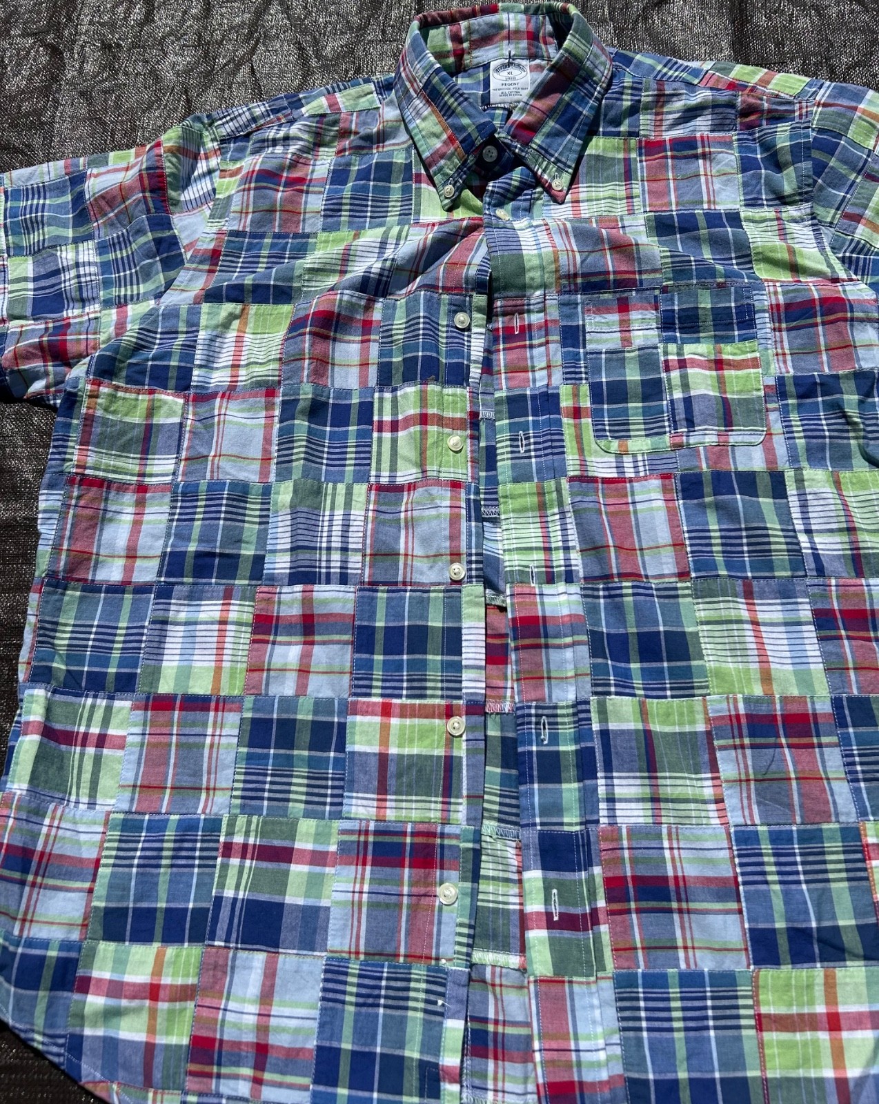 Brooks Brothers Regent Fit Patchwork Madras Short Sleeve Shirt Mens XL Multi