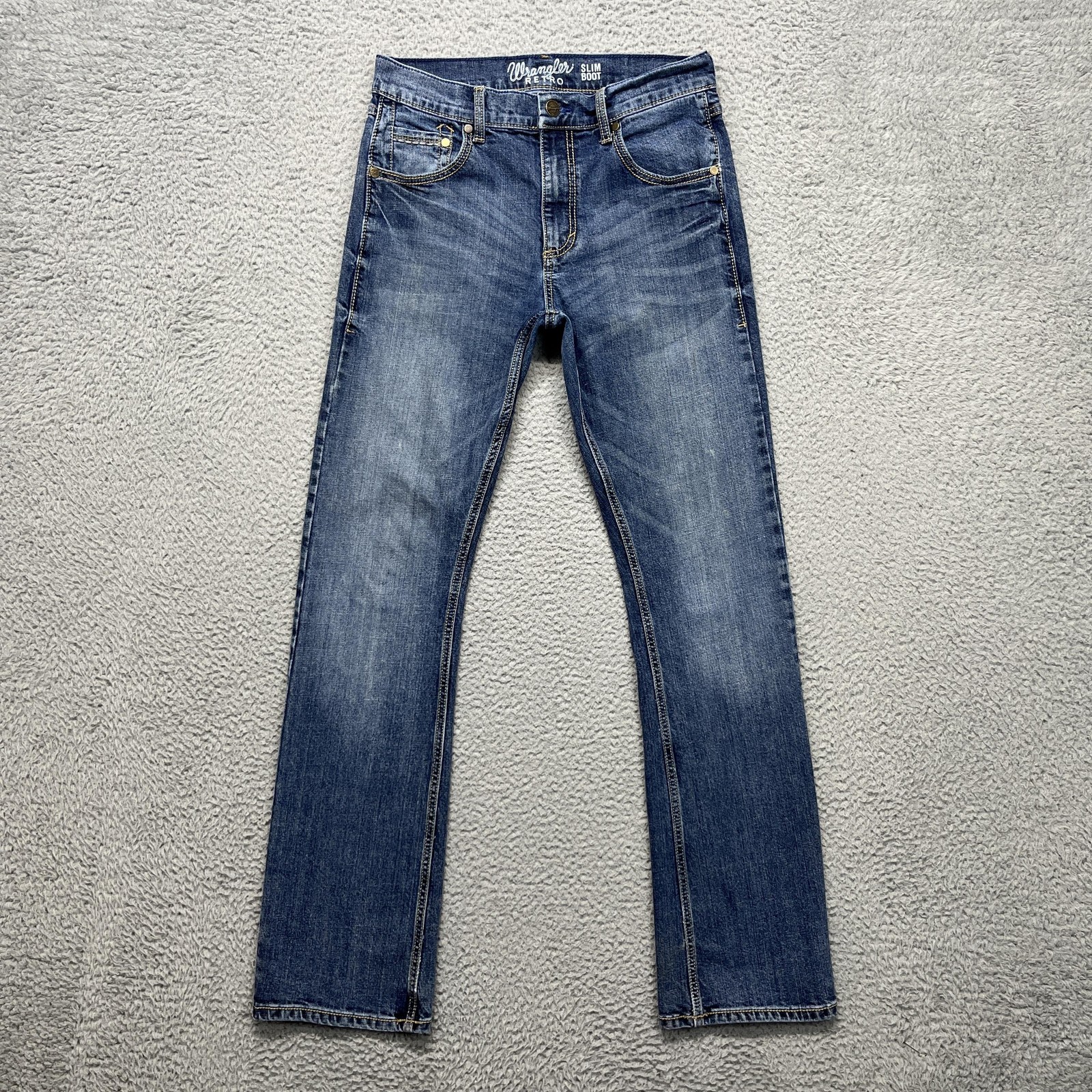 Wrangler Retro Slim Boot Jeans Mens 31×34 Blue Medium Wash Bootcut Stretch Denim