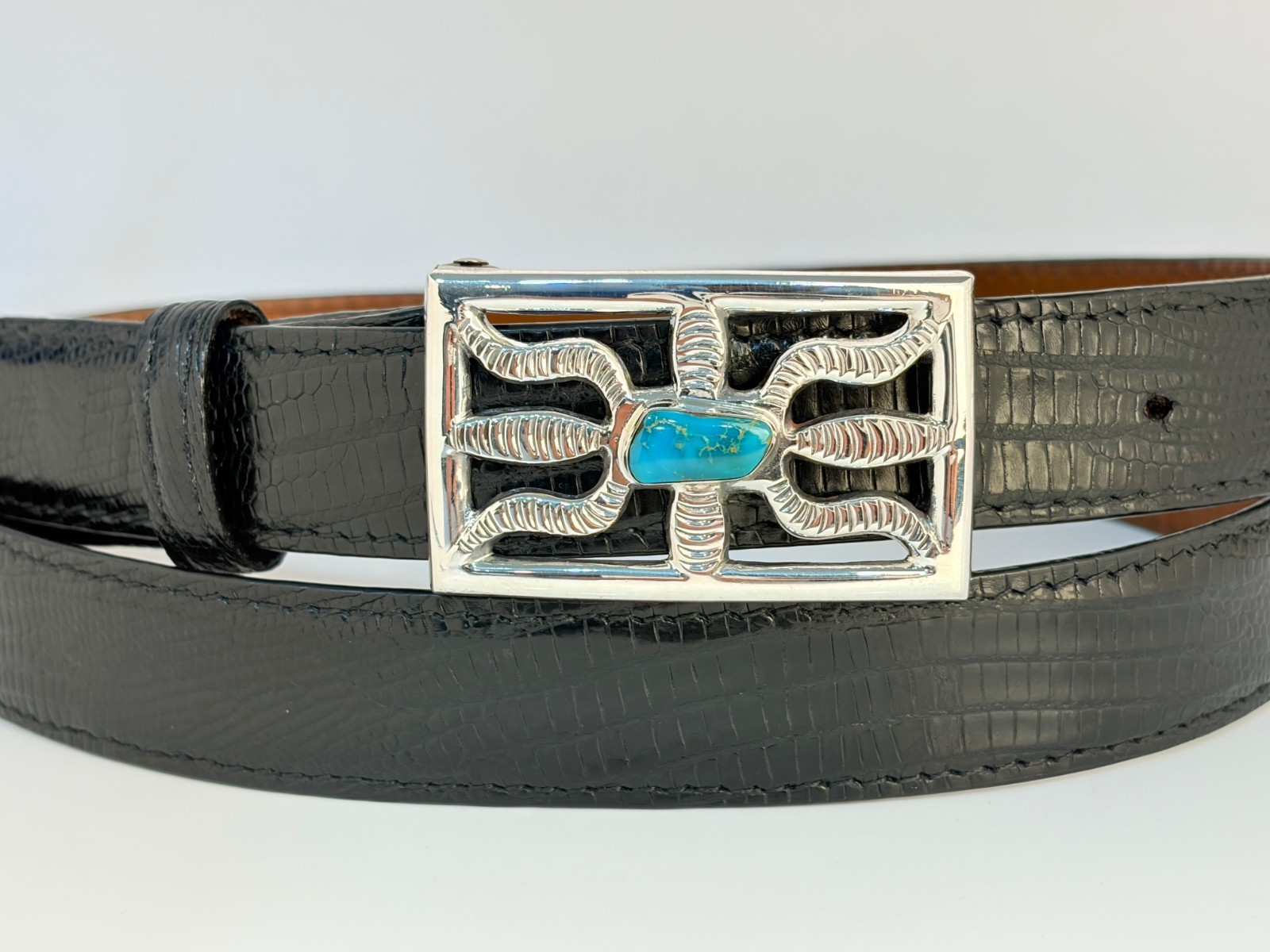 Vintage Sandcast Sterling Silver .925 Turquoise Belt Buckle 38 Genuine Lizard