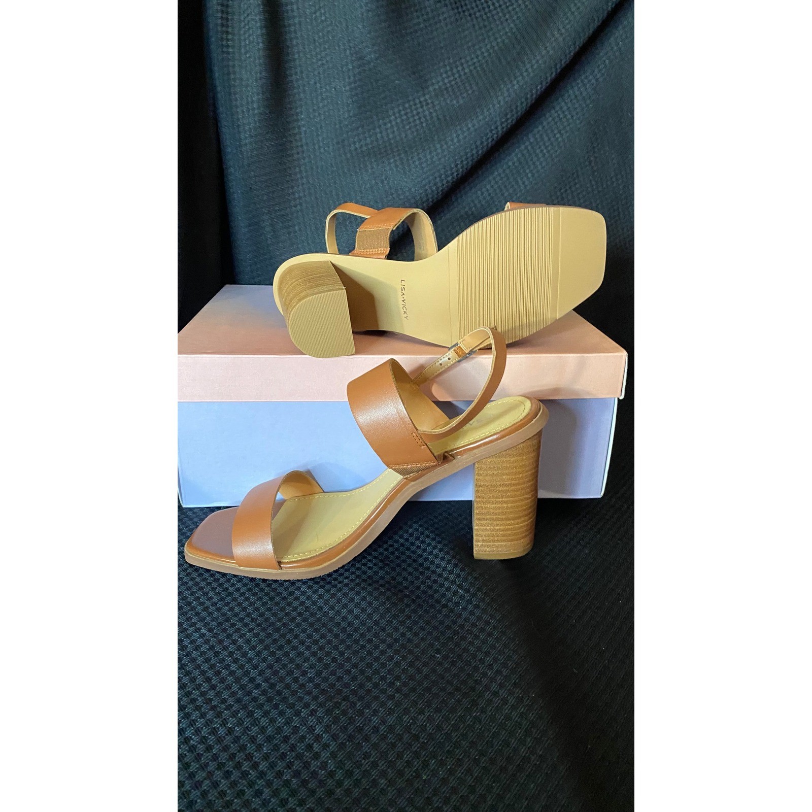 Lisa Vicky Oasis-V Chestnut Leather Block Heel Sandals Women 9M Square Toe Brown