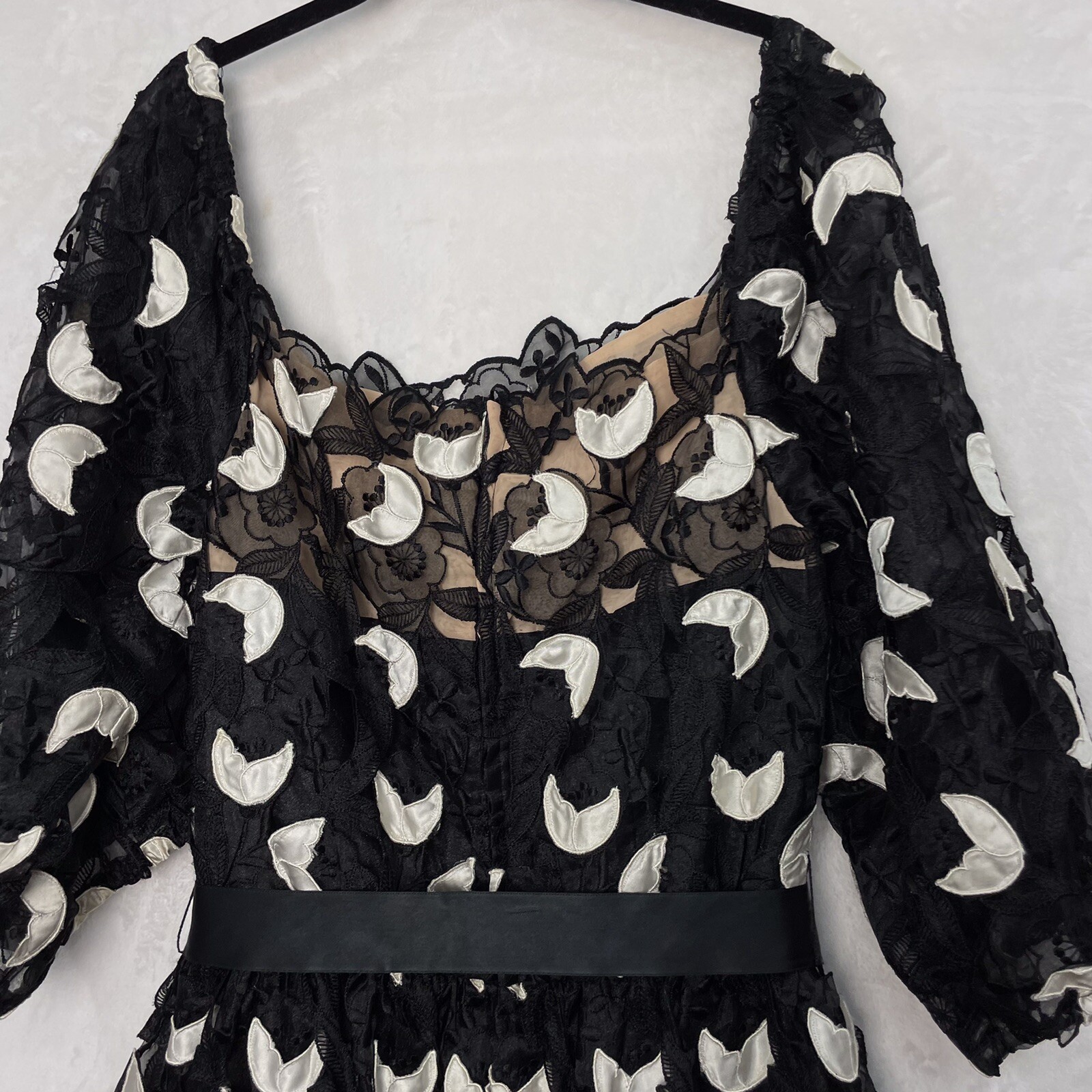 VTG Richilene New York Appliqué Dress Black White Floral Lace 14 L Union 80s USA