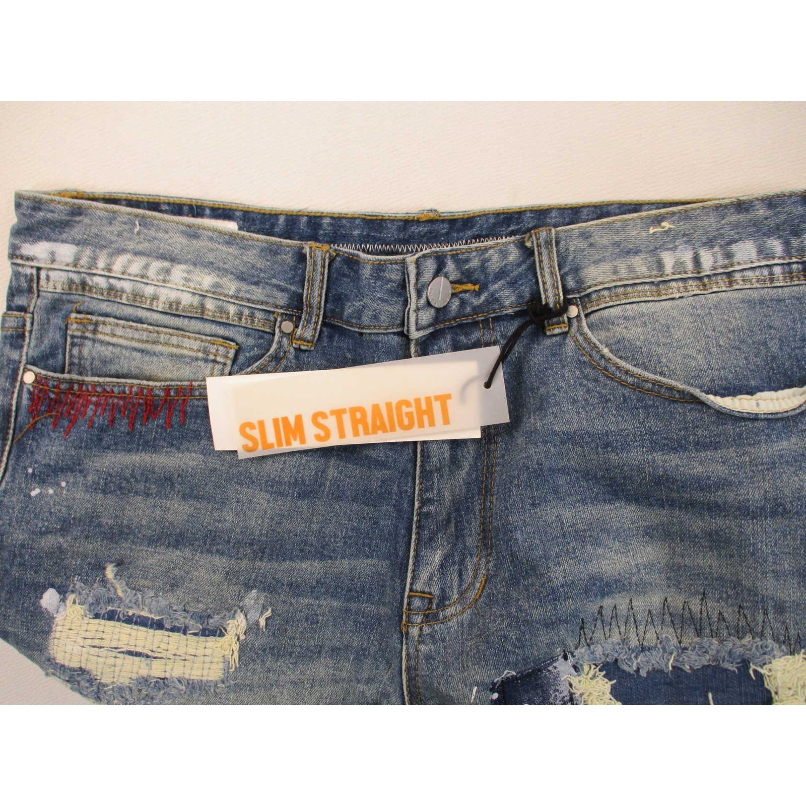 First Row Jeans Mens 36 Blue Slim Straight Distressed Patchwork Camo Utility
