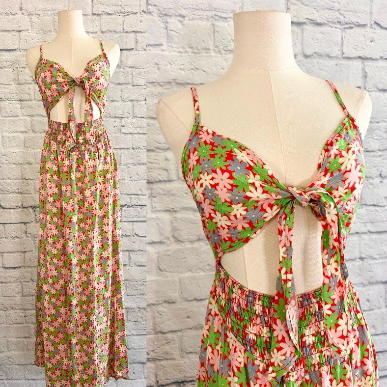 Hesperus Floral Maxi Dress M Tie-Front 100% Rayon Beachy Travel Vacay Summer