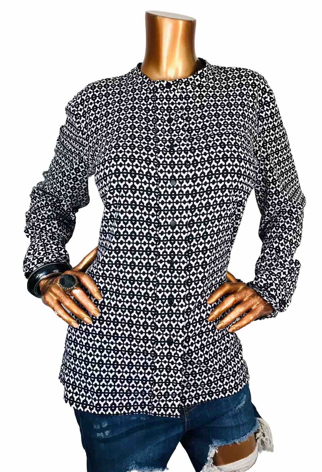 Calvin Klein L Top Stretch Geometric Black White Button Up Shirt Long Slvs Crew
