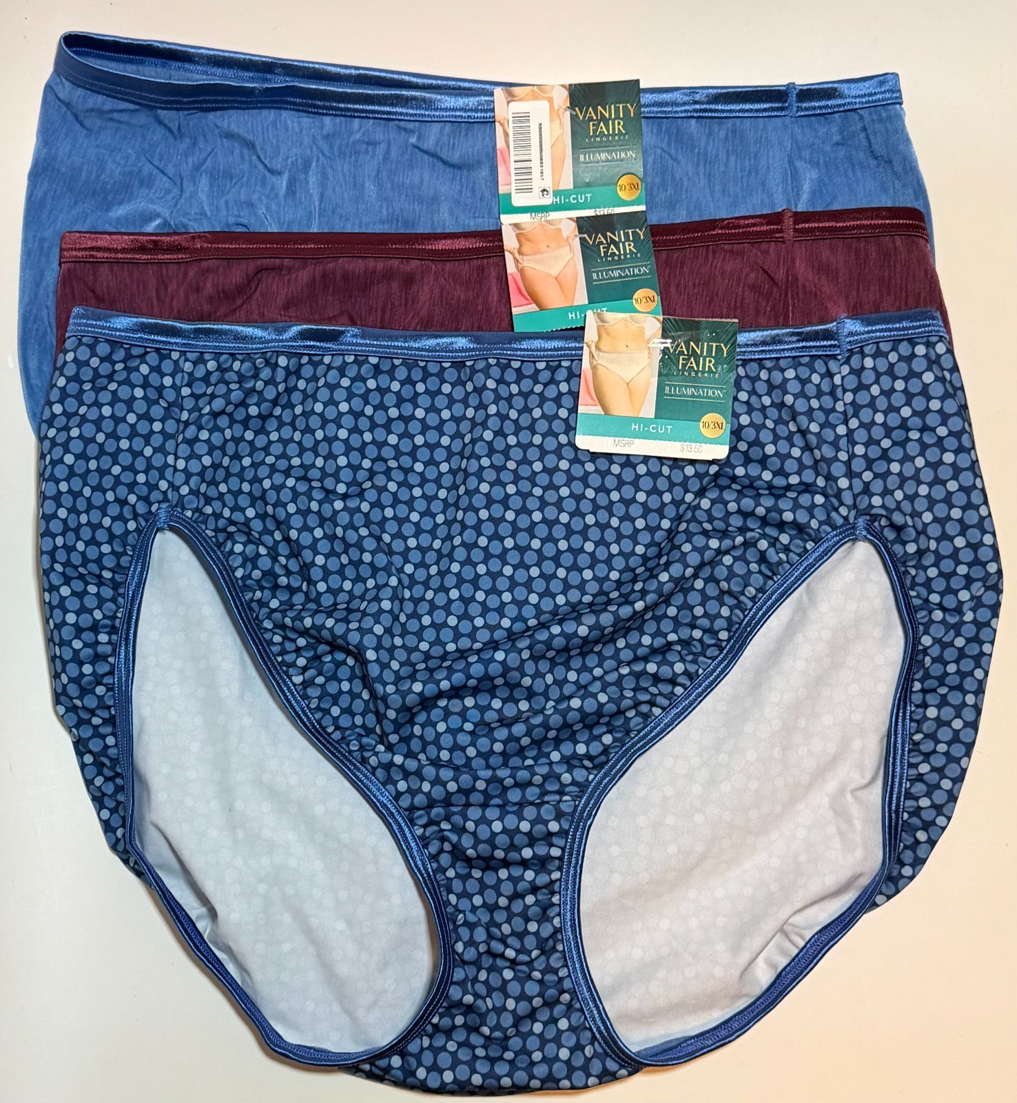 NWT 3 Vanity Fair Illuminations Hi Cut Panties 13108 Dots/Plum/Blue Size 10/3XL