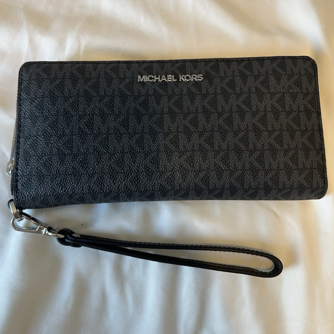 Michael Kors Logo Zip-Around Wristlet Wallet Organizer, Black/Gray