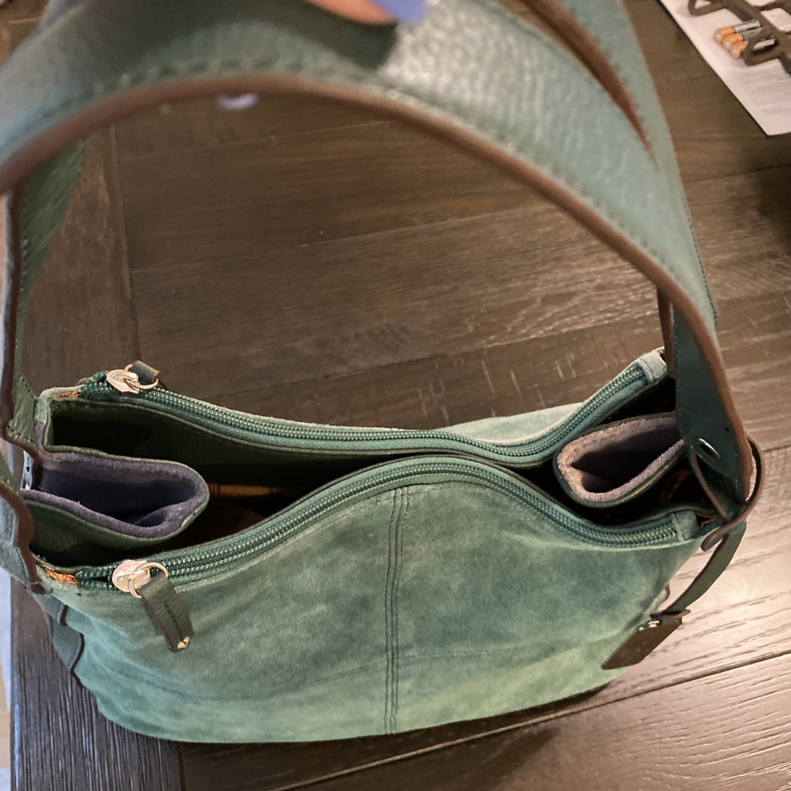 Tignanello Green Suede Leather Purse Shoulder Bag Zip Close Double Straps