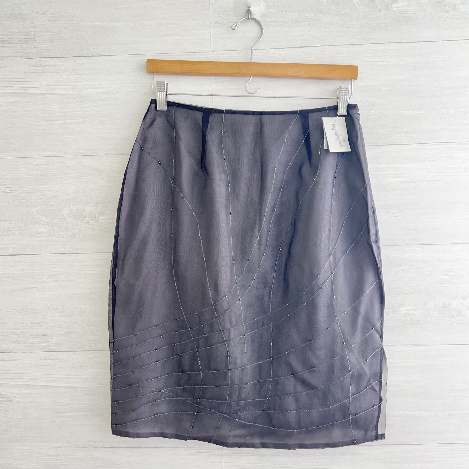 NWT Jacqueline Ferrar Gray Silk Beaded Midi Skirt Side Slit Lined Size 8