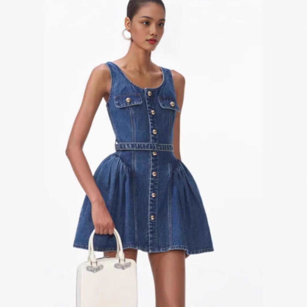 Self-Portrait Womens New Retro Sweet Waist Fluffy Sleeveless Denim Dress
