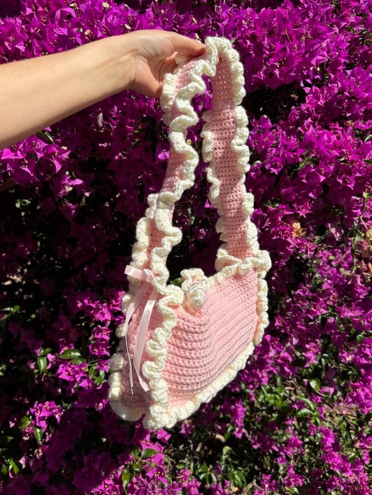 Handmade Crochet Ruffle Bag Cute Bow Purse Aesthetic Shoulder Tote Bag