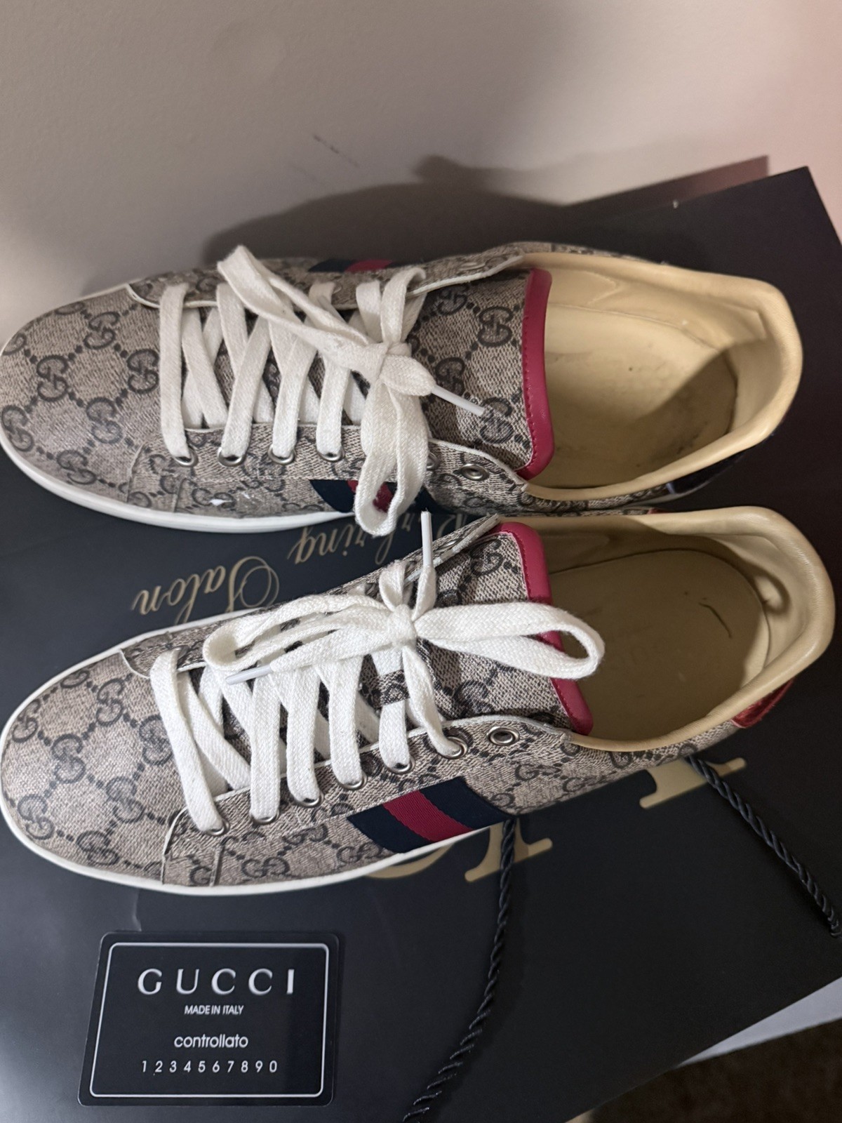Gucci GG Supreme Monogram Canvas Sneakers with Red and Blue Sz EU 44 US 10.5-11
