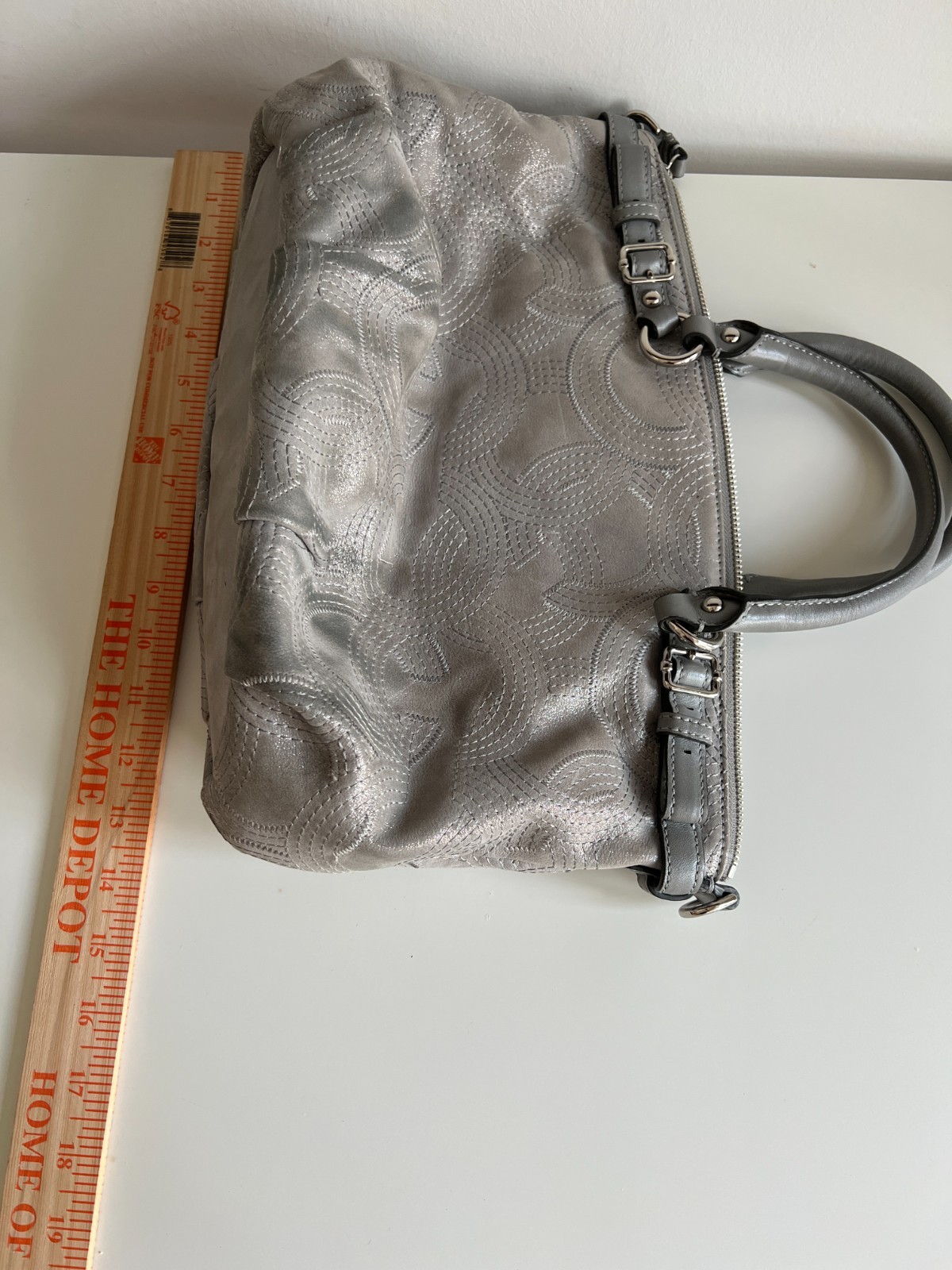 Coach 18624 Madison Sophia Stitched OpArt Satchel Handbag Satin Silver Metallic