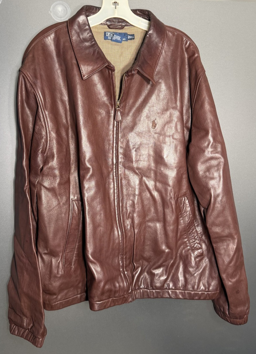 Vintage Polo Ralph Lauren Mahogany Leather Bomber Harrington Jacket XXL Plaid
