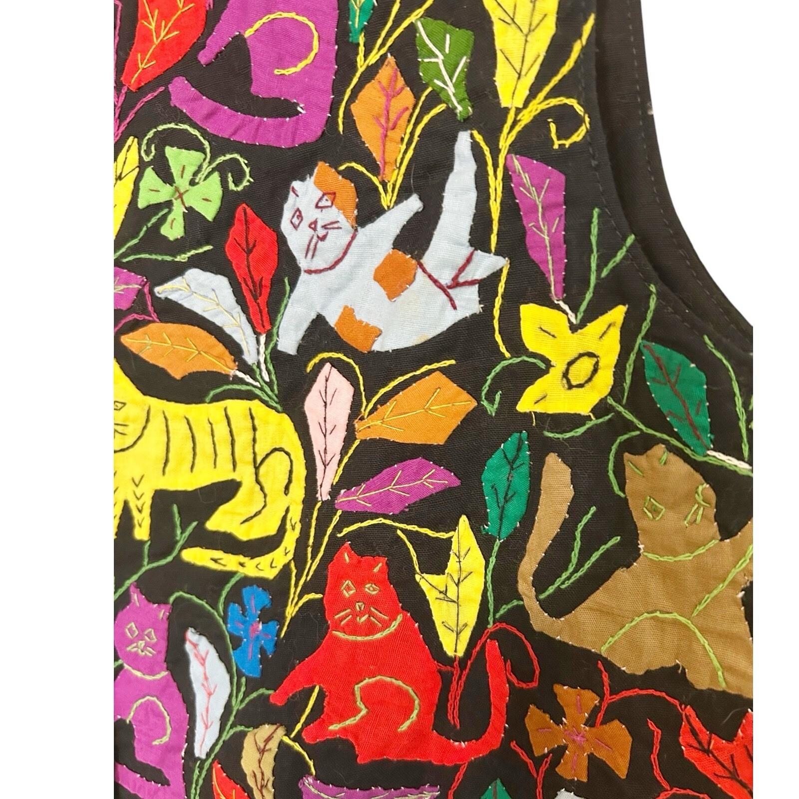 Maharani Cotton Multicolored CAT Hand Appliqué Vest Art Wear India One Size F2