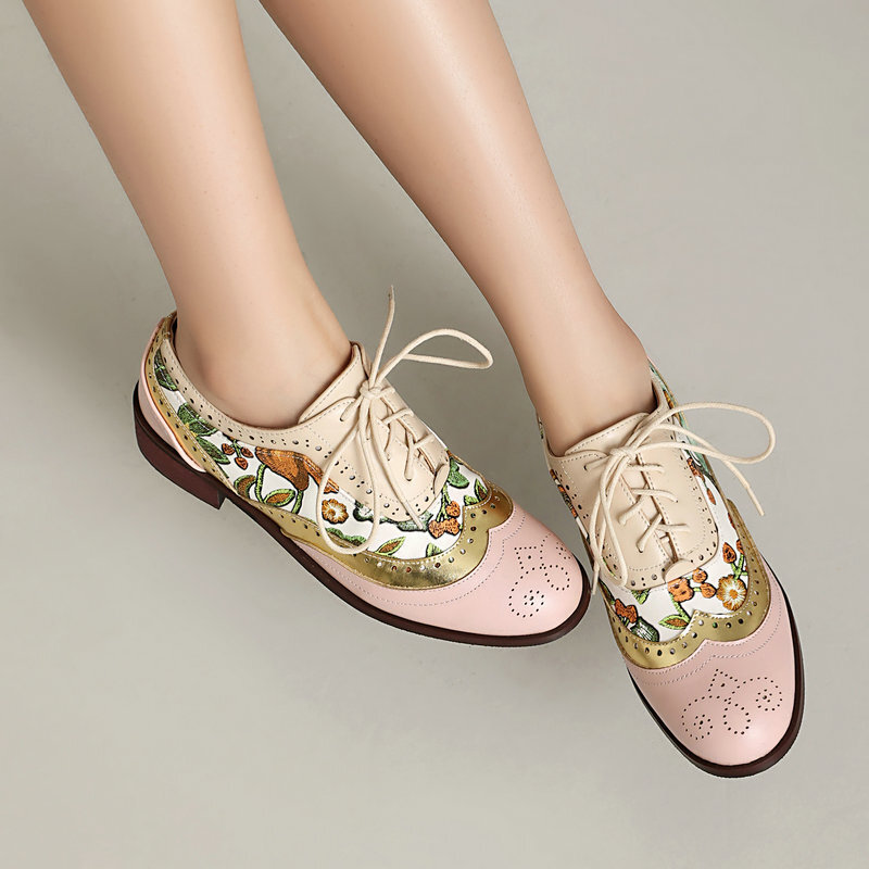 Women’s Ethnic Oxfords Colorblock Patchwork Shoes Floral Two Tone Low Heel Pumps