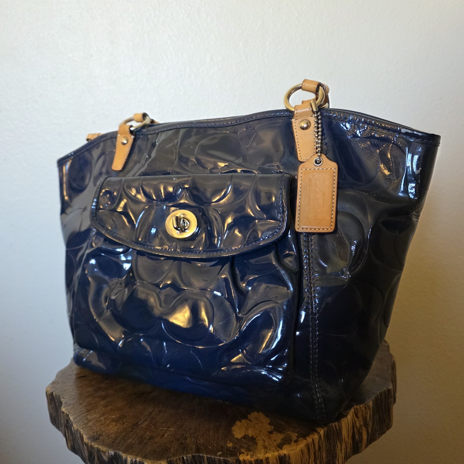 Coach Leah Navy Blue Patent Leather Tote Bag F14663 Embossed Logo Turnlock Large