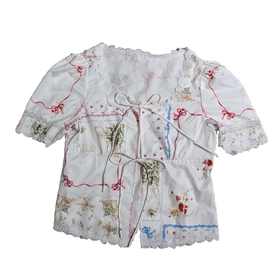Romantic Coquette Floral Ribbon Tie-Front Peplum Blouse | Lace Trim Puff Sleeve