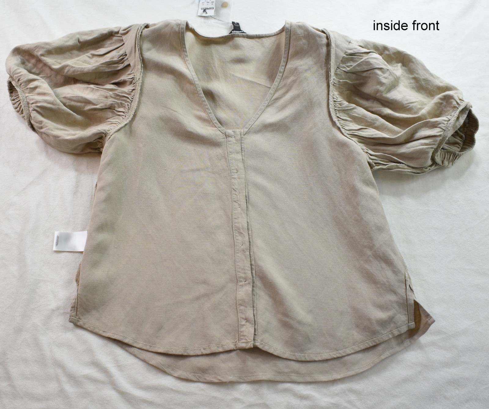 New Express Blouse Tan Linen Balloon Sleeve Shirt V Neck Button Top Boho Women M