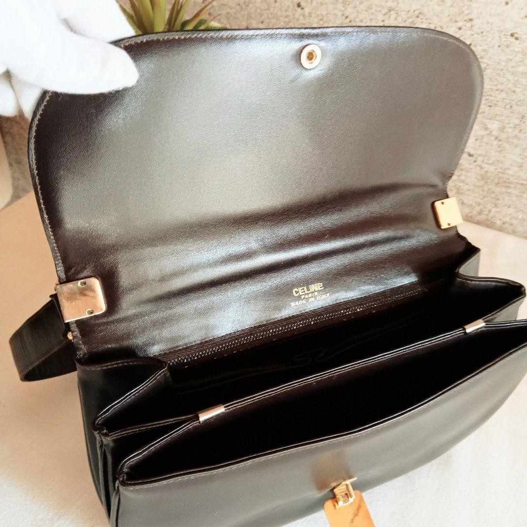 CELINE Leather Shoulder Bag Vintage 27cm/10.63in Dark Brown Gold Hardware