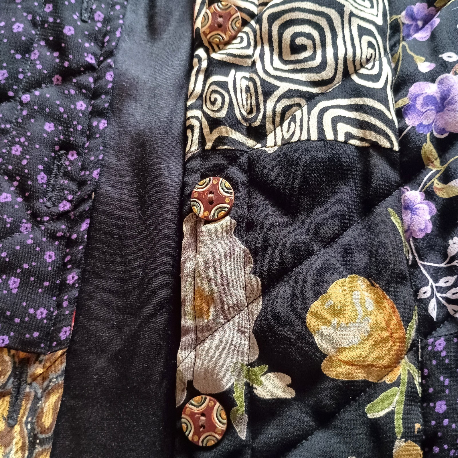 Patchwork Mixed Print Boho Artsy Eclectic Collared Top Jacket SZ L