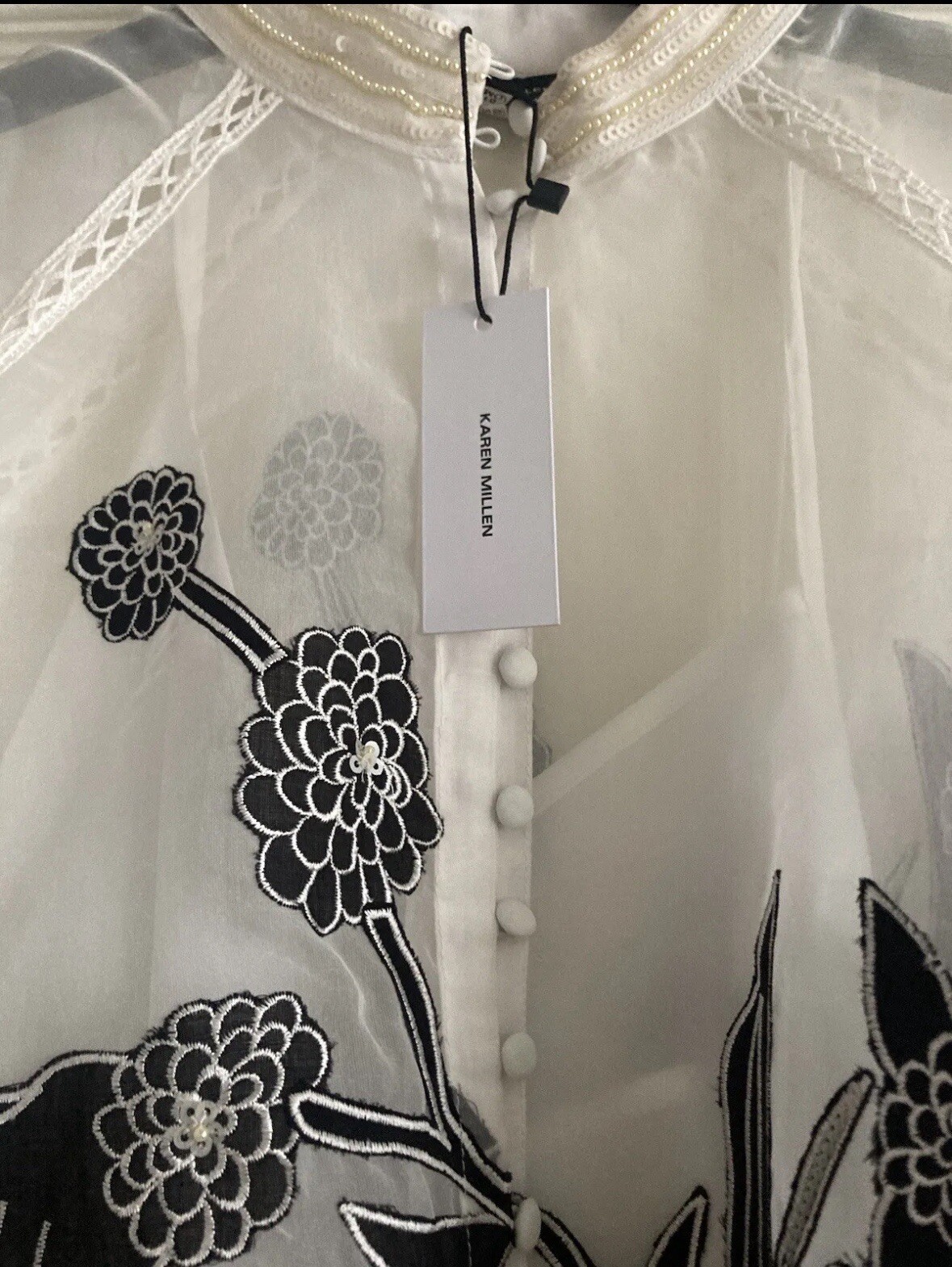 £229 Karen Millen Organdie Applique Balloon Sleeve Blouse UK 8 Black White