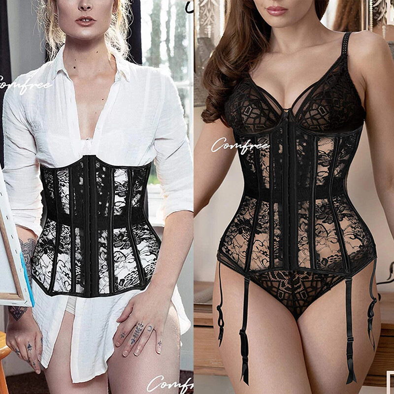 Women’s Black Mesh Waist Taming Underbust Corset With Suspender Clips Lingerie