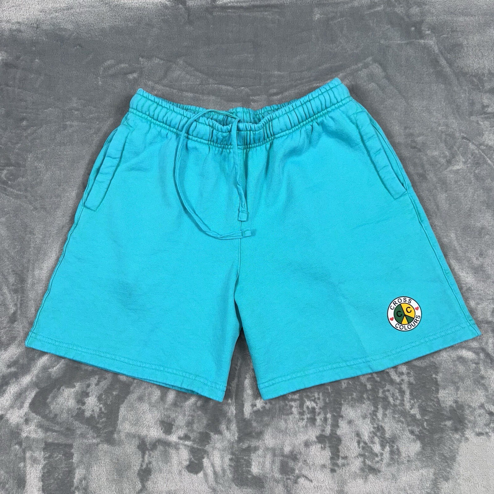 Cross Colours Peace Circle Logo Fleece Shorts Turquoise C97223PCL-300 Men’s NWT