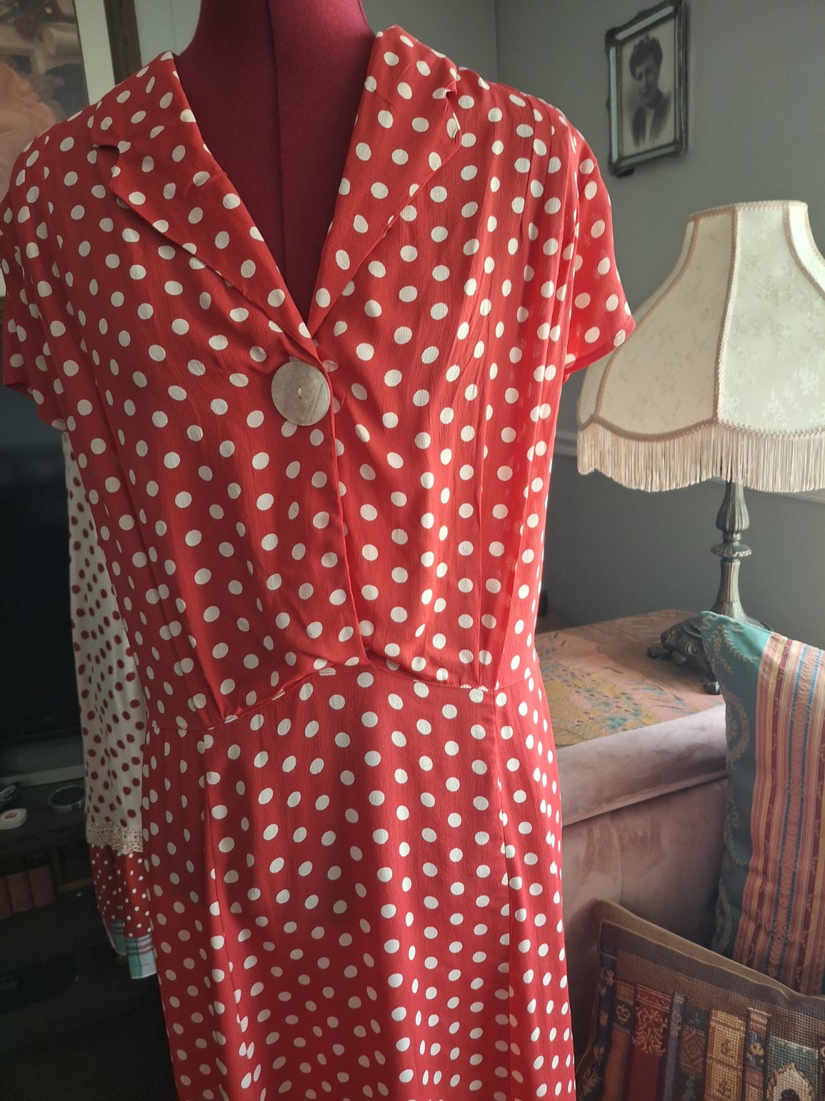 Vintage April Cornell 40s Style Red White Polkadot Dress Fit &Flare XL