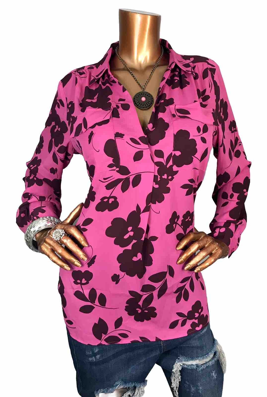 Ann Taylor L Petite Top Floral Pink Burgundy Blouse Low V Cut Long Sleeves Shirt