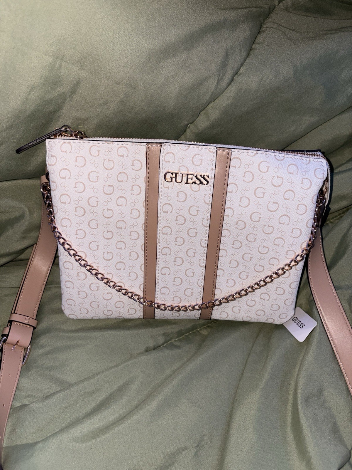 GUESS Beige Tan Logo Print Crossbody Bag Zip Top Chain Accents Gold Hardware