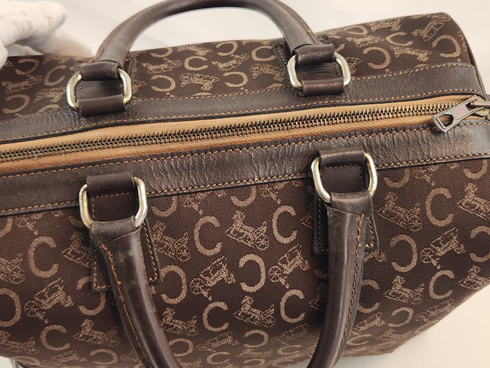 Authentic CELINE C Macadam Canvas Boston Brown Hand Bag Pouch Horse Carriage Old