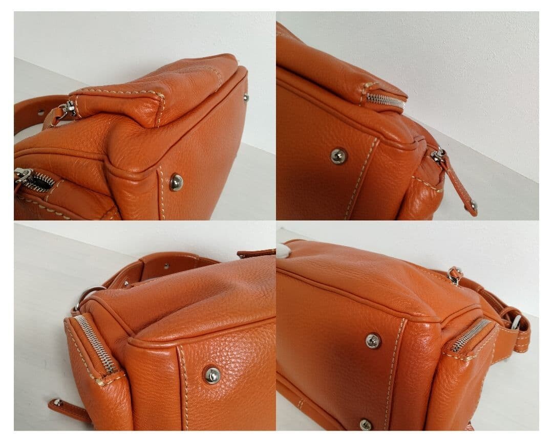 TOD’S Y2K Shoulder Bag Orange Pebble Leather Multi Pocket Logo Charm Auth