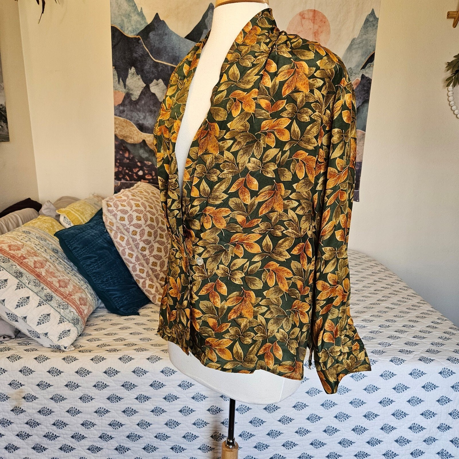 Quo 100% Silk Blazer Jacket Womens Large Boho Floral Leaf Print Lightweight