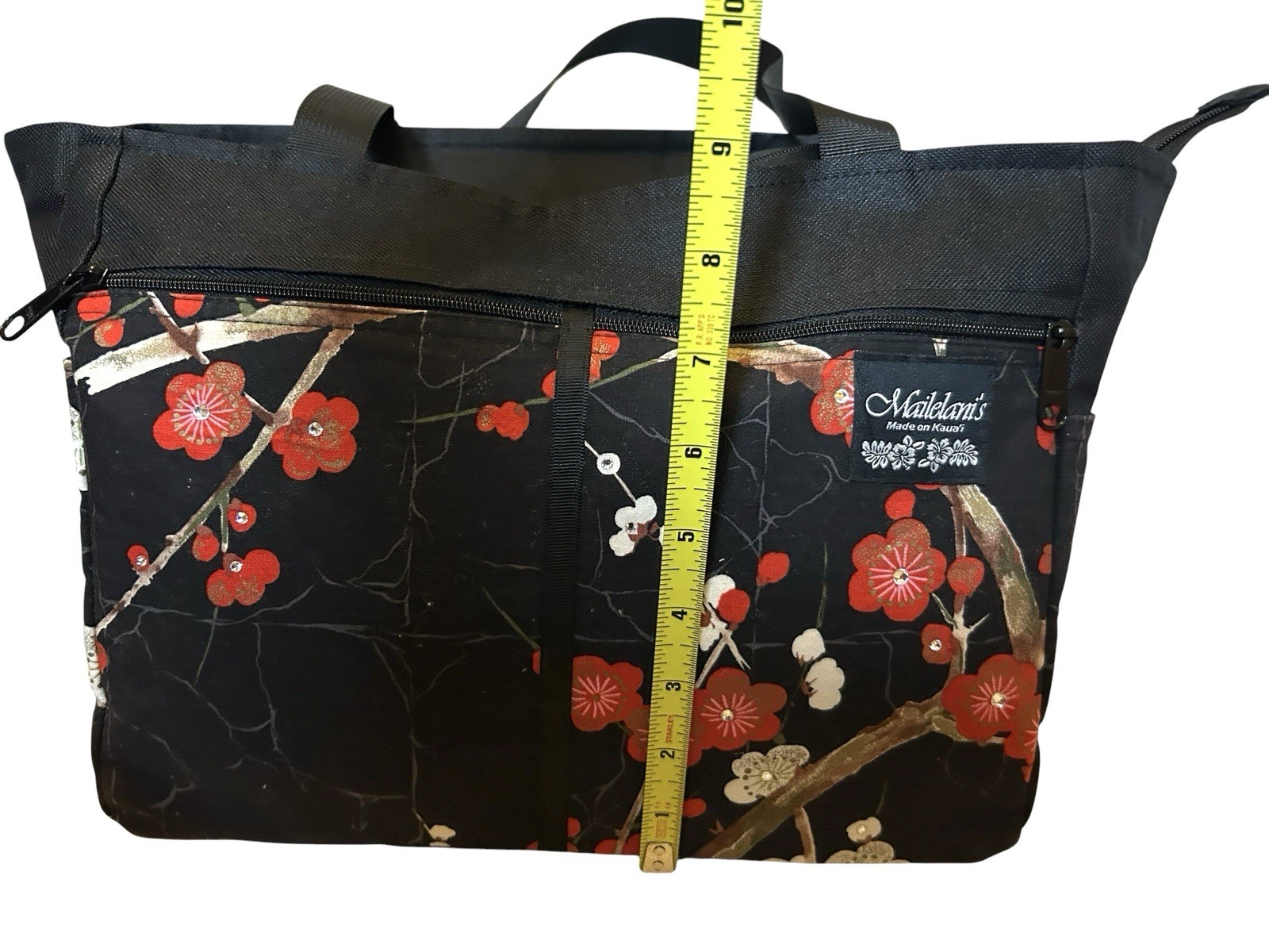Mailelani’s Black Plum Blossom Tote Bag Zip Closure w/ Red Cherry Blossom Pouch