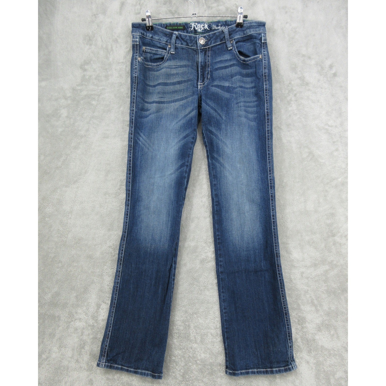 Wrangler Rock 47 Jeans Juniors 7×34 Blue Ultra Low Rise Bootcut Western 90s Y2K