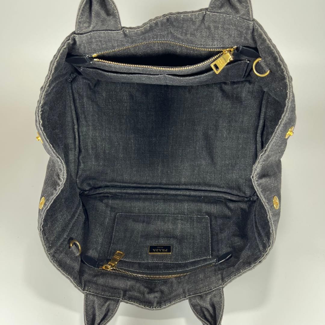 PRADA Canapa Canvas Tote Bag Gray Black Denim 2Way Shoulder Large Capacity