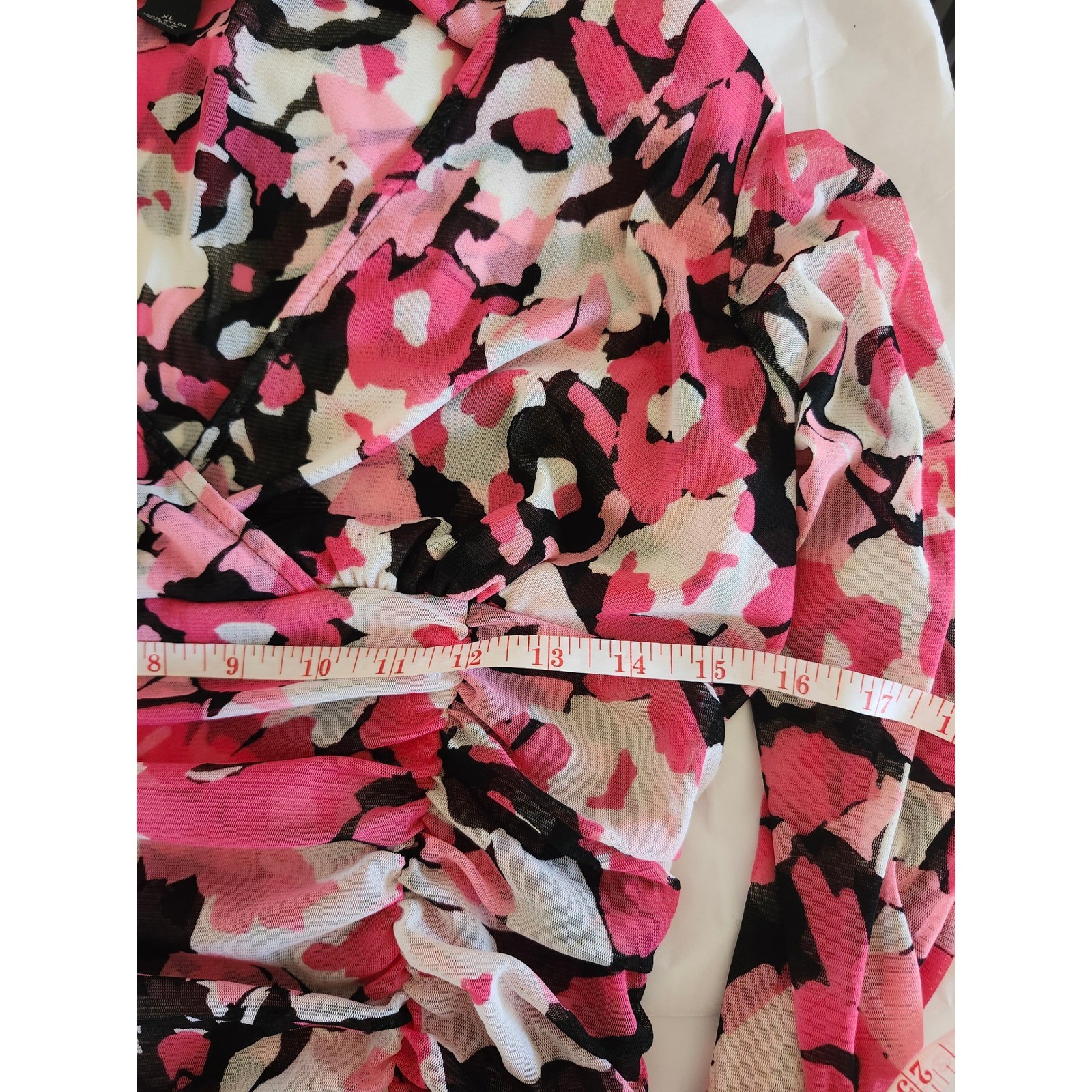 INC International Concepts Pink Floral Mesh Ruched Surplice Top XL Y2K