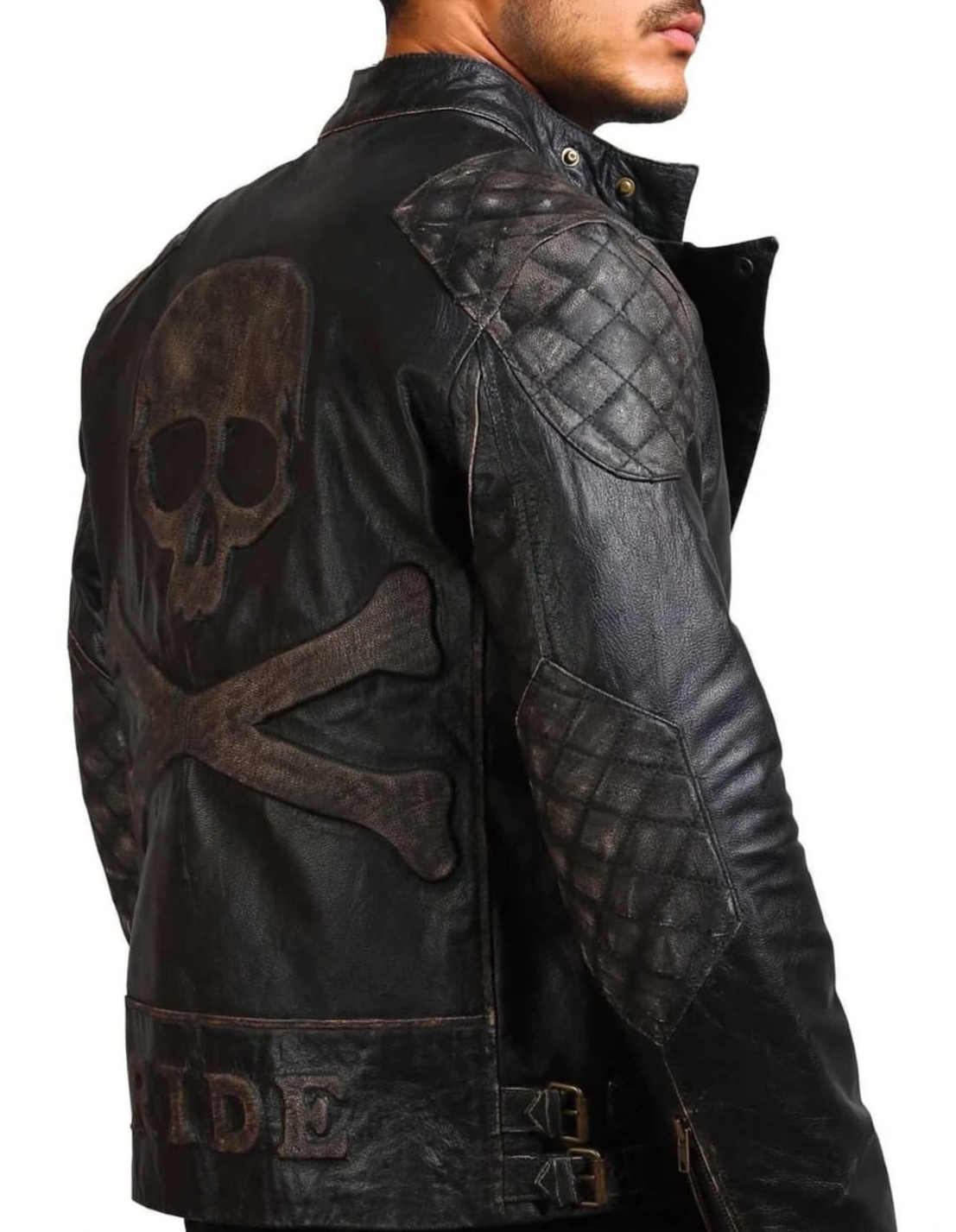 Mens Skull & Bones Ride Handmade Motorcycle Distressed Cowhide Leather Jacket