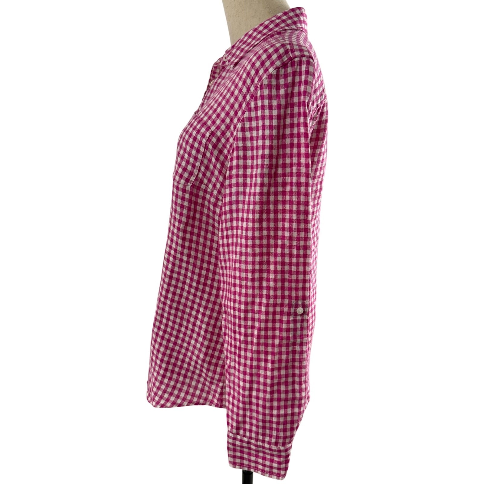 Talbots Preppy Fushia/White Gingham Linen Blend Shirt with Front Pockets, Size M