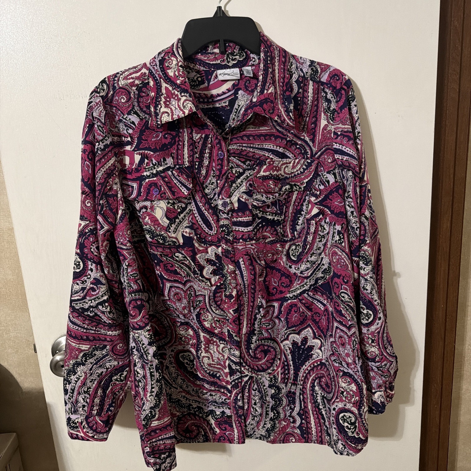 Kim Rogers Woman 1X Paisley Print Button Front Long Sleeve Pockets Pink Purple
