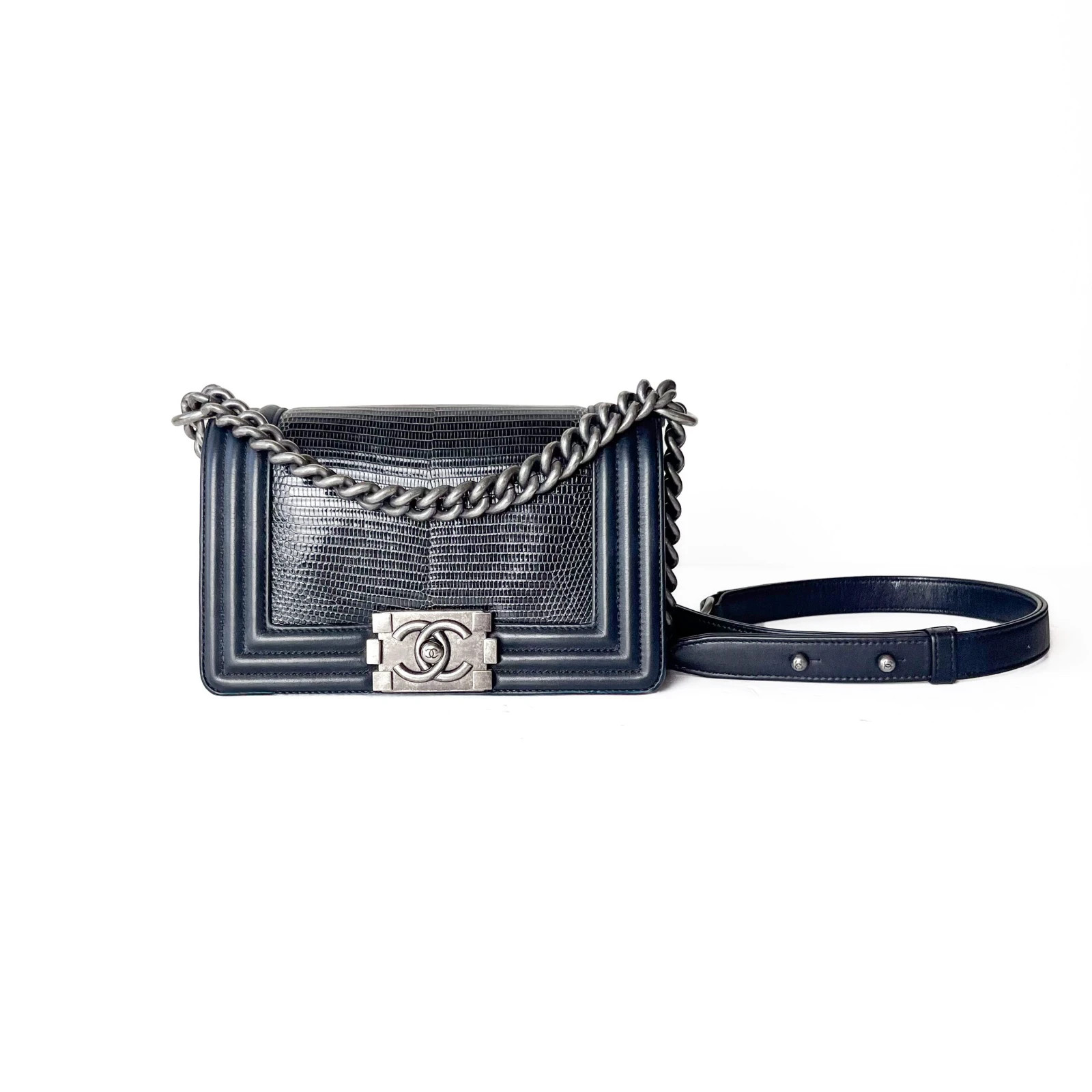 Chanel Black Leather & Lizard Inlay Boy Flap Bag