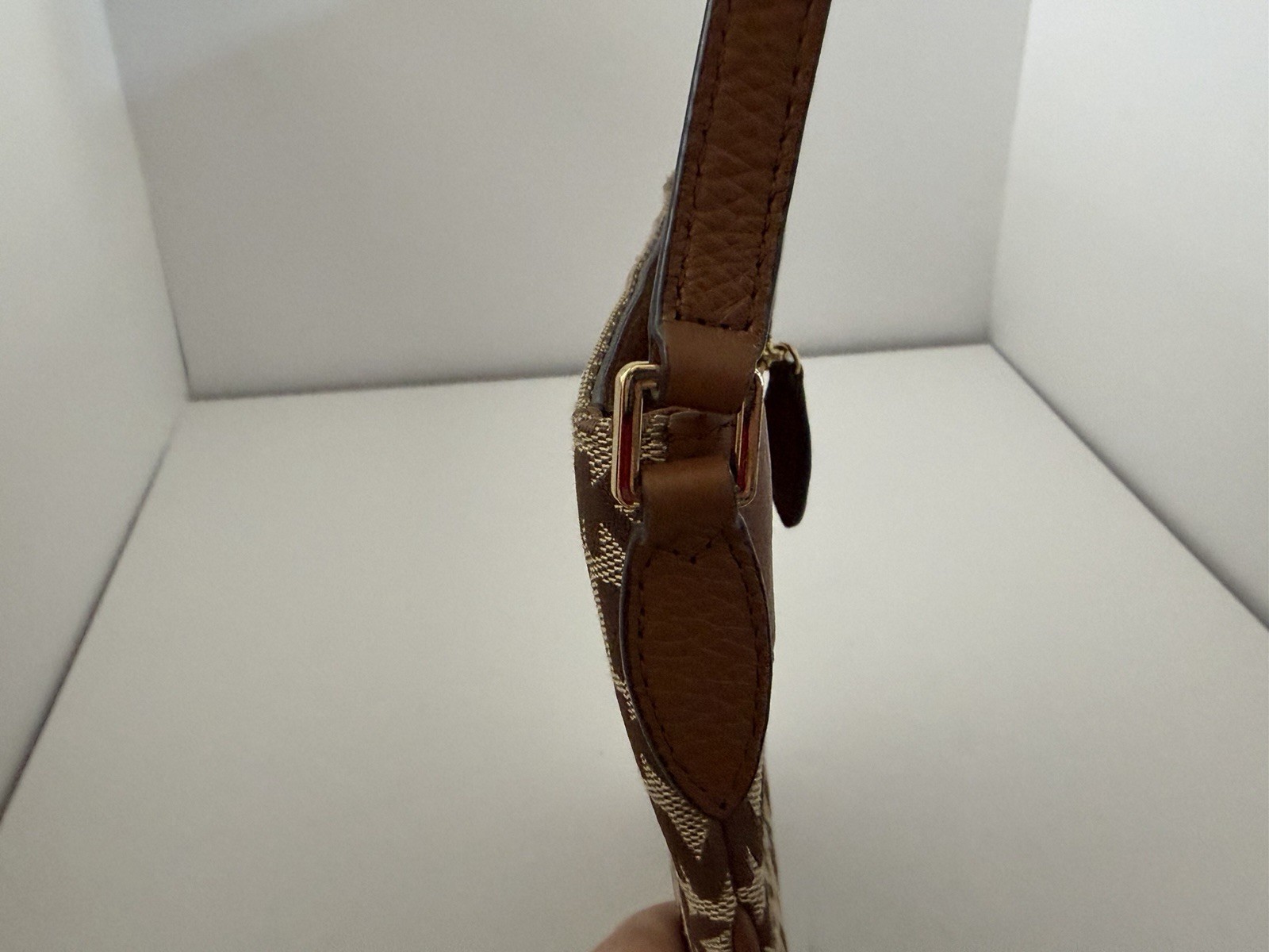 Michael Kors Signature MK Brown Monogram Small Crossbody Zip Gold Detach Strap