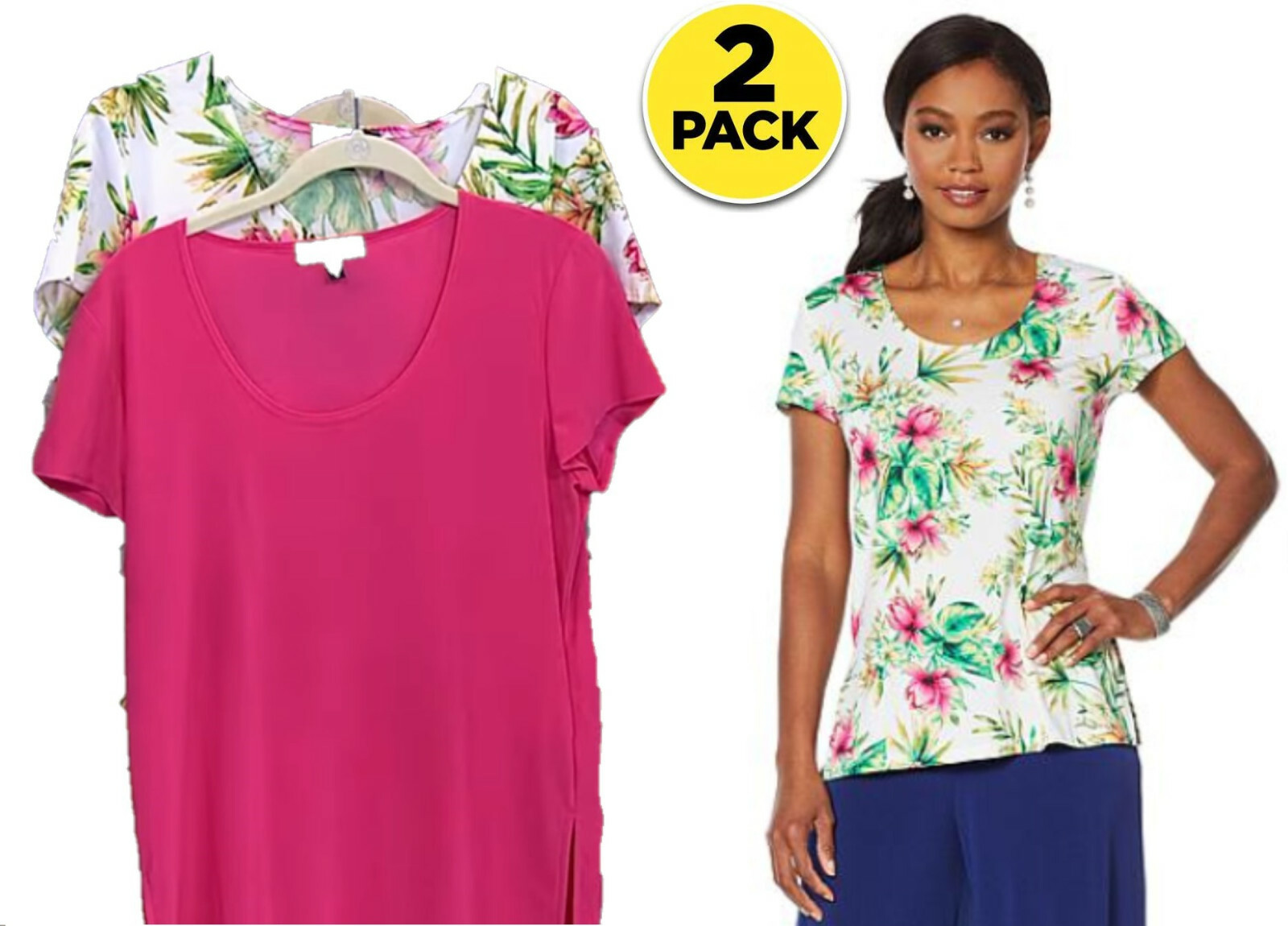 Slinky® Brand 2pk CapSleeve Knit Tops Print and Solid White Floral/Fuchsia Med