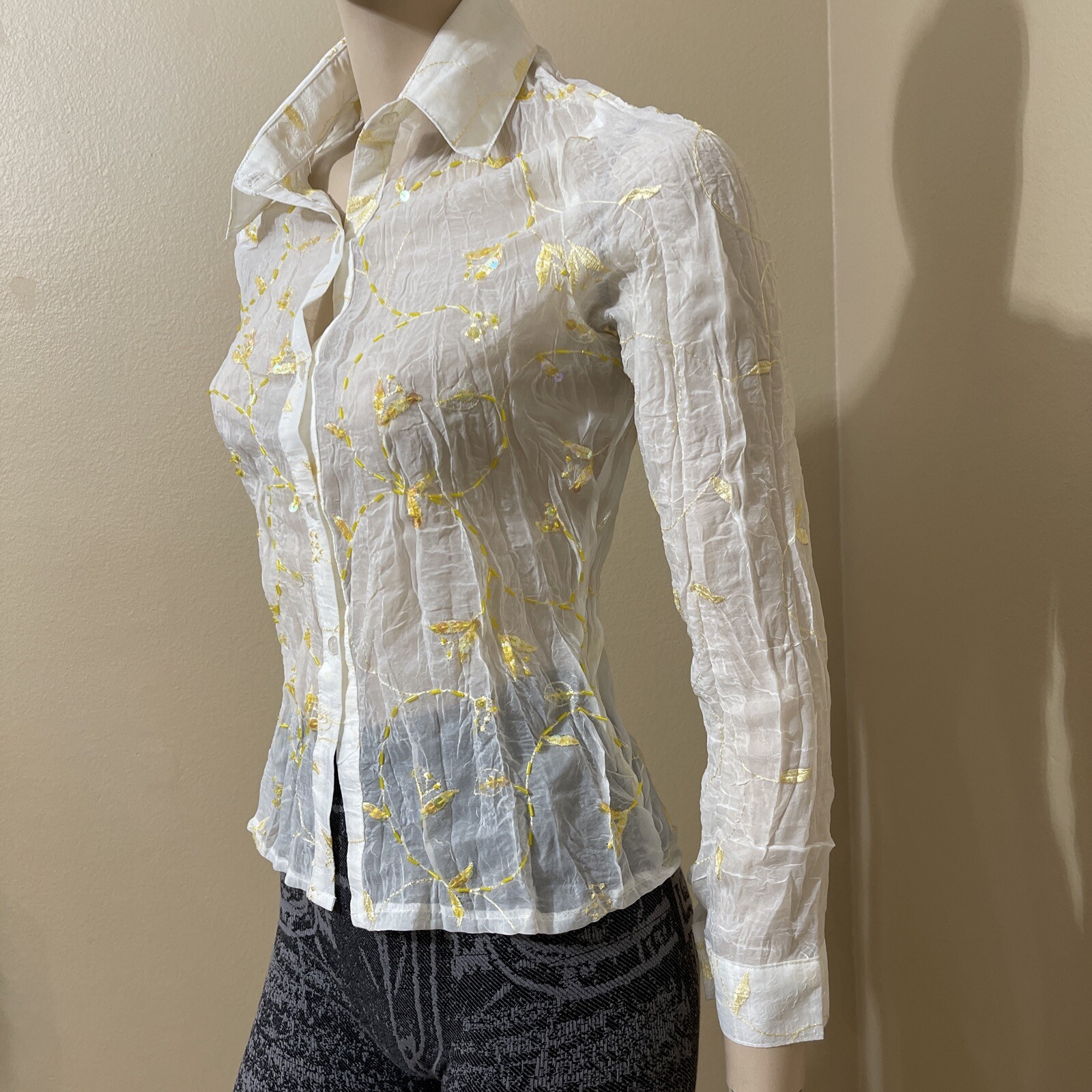 Women’s Ivory Polyester Sheer Yellow Embroidering Beaded Size L Button Up Top
